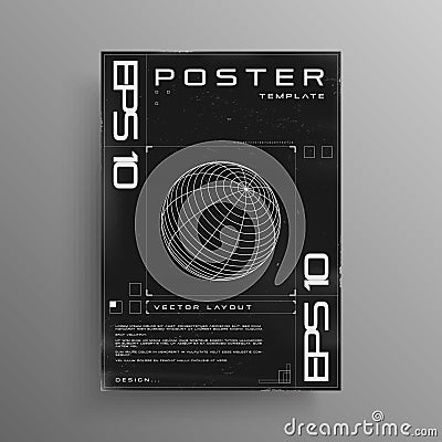 Retro cyberpunk poster with wireframe 3D sphere. Black and white retrofuturistic poster design with HUD cyber elements Vector Illustration