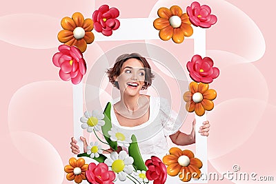 Retro 3d magazine collage of dreamy lady tacking photo holding flower frame isolated pastel color background Stock Photo
