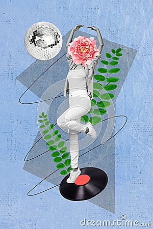 Retro 3d magazine collage image of carefree lady flower head enjoying vintage party isolated colorful background Stock Photo