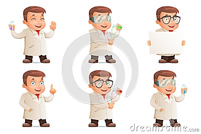 Retro 3d Scientist Young Cute Test-tube Icons Set Cartoon Design Character Vector Illustration Vector Illustration