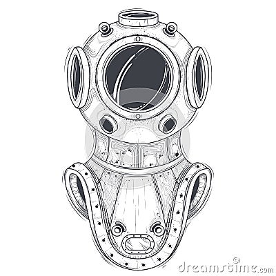 Retro deep sea scuba equipment line art vector Vector Illustration