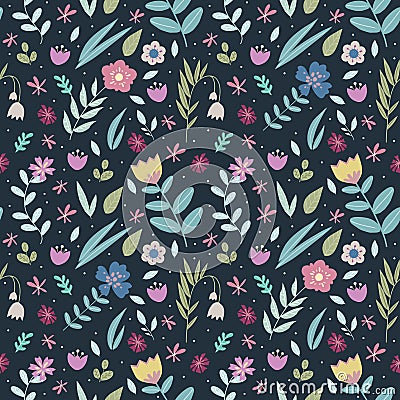 Retro design floral seamless pattern with many different colorful stylized flowers and leaves on dark background Stock Photo