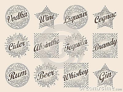 Retro design sunburst label, radiant starburst for vodka wine ci Vector Illustration