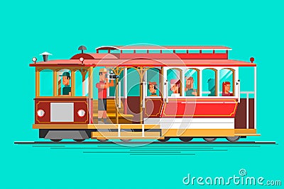 Retro detailed vector cable car, 3d view, isolated. Transit vintage graphic element on cable rail car Vector Illustration