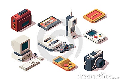 Retro devices. Cell phone old smartphone cameras photo vhs music and game console player computer vector isometric Vector Illustration