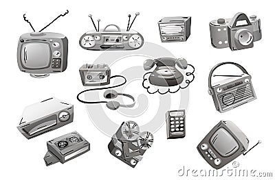 Retro devices in mixed style, flat cartoon comics. Vector Illustration