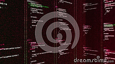 Retro digital background with vertical columns and self written code. Animation. Lines of computer code for the old Stock Photo