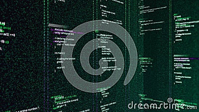 Retro digital background with vertical columns and self written code. Animation. Lines of computer code for the old Stock Photo