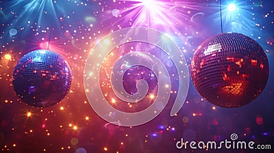 Retro Disco Fever: Glittering disco balls and colorful strobe lights creating a disco fever atmosphere. Stock Photo