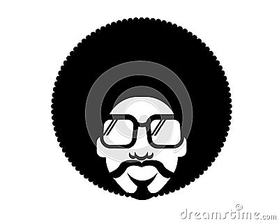 Retro Disco man 70s hairstyle. Vector black silhouette portrait man with retro sunglasses Vector Illustration