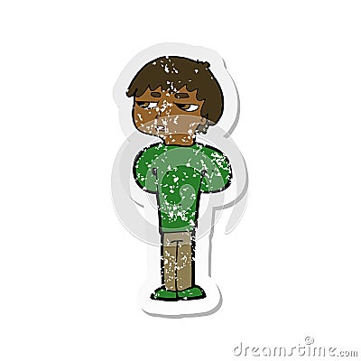 retro distressed sticker of a cartoon antisocial boy Vector Illustration
