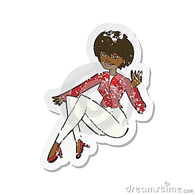 retro distressed sticker of a cartoon businesswoman sitting Vector Illustration