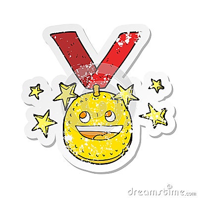 retro distressed sticker of a cartoon happy sports medal Vector Illustration