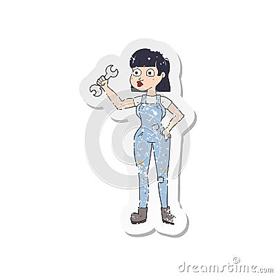 retro distressed sticker of a cartoon mechanic woman Vector Illustration