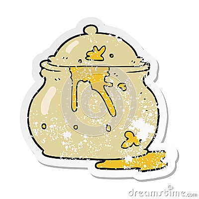 retro distressed sticker of a cartoon messy mustard pot Vector Illustration