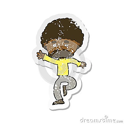 retro distressed sticker of a cartoon mustache man disco dancing Vector Illustration