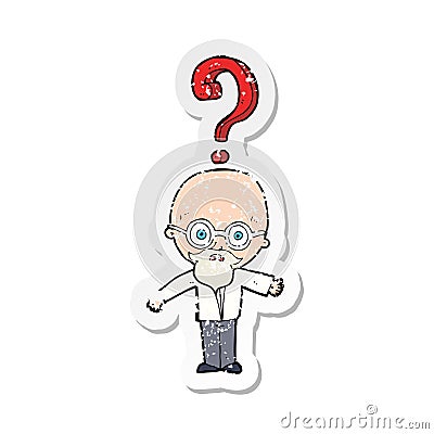 retro distressed sticker of a cartoon older man with question Vector Illustration