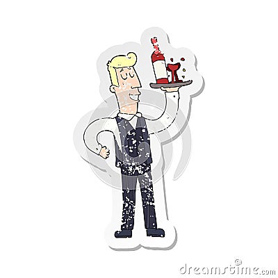 retro distressed sticker of a cartoon waiter Vector Illustration