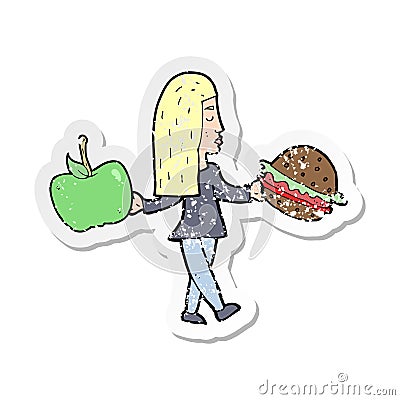 retro distressed sticker of a cartoon woman deciding to eat healthy Vector Illustration