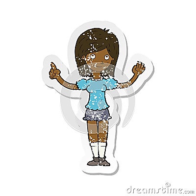 retro distressed sticker of a cartoon woman explaining idea Vector Illustration