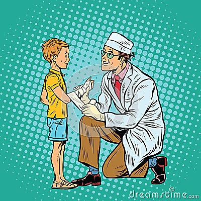 Retro doctor bandaging boy injured arm Vector Illustration