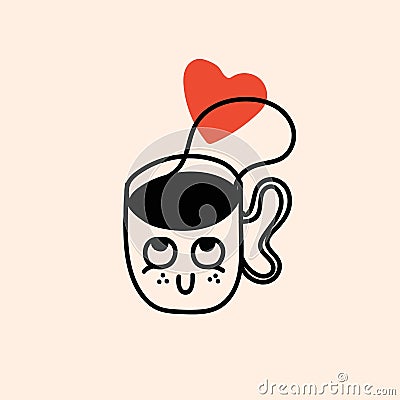 Retro doodle funny coffee character with heart poster. Vintage drink vector illustration. Latte, cappuccino, coffee cup Vector Illustration