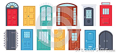 Retro doors. Cartoon front doorway exterior with brick wall. House or office entrance with glass. Wooden door design Vector Illustration