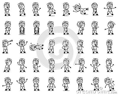 Retro Drawing of Cartoon Vendor Poses - Set of Concepts Vector illustrations Vector Illustration