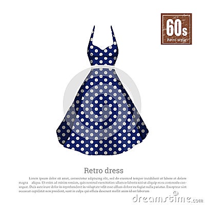 Retro dress in realistic style on white background. Old fashion. 60s vogue. Vintage blue cloth icon Vector Illustration