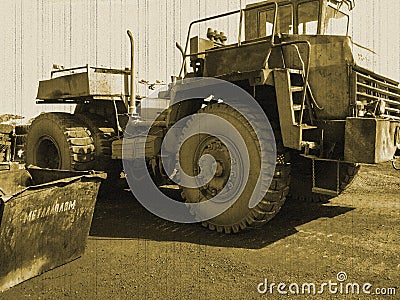 Retro dump truck, aged photo, truck for scrap Stock Photo