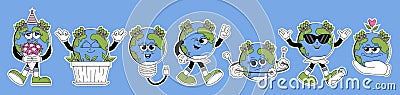 Retro Earth characters cartoon style. Funky globe mascot stickers with psychedelic smile. Earth day. World Environment Vector Illustration