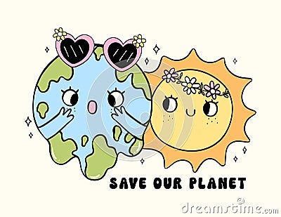 Retro Earth Day, melted globe and sun Pastel Doodle Drawing Cartoon Character, save our planet shirt design printable Vector Illustration