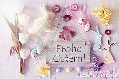 Retro Easter Flat Lay, Flowers, Frohe Ostern Means Happy Easter Stock Photo