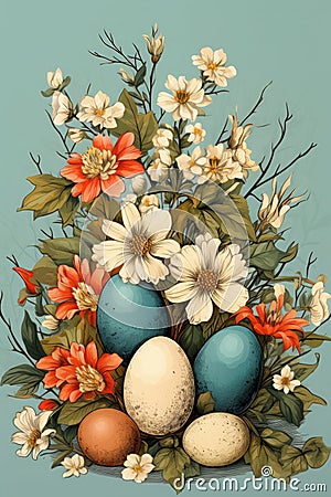 Retro Easter card with a bouquet of flowers and colorful eggs on blue background, illustration Stock Photo