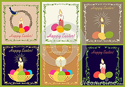 Retro Easter greeting cards collection with candle and painted eggs Vector Illustration