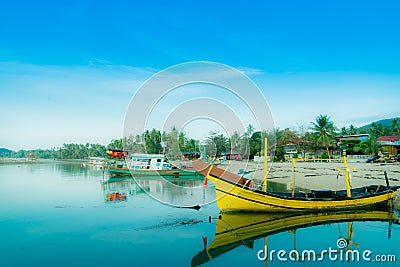 Retro effect image boats moored on Bang Kao beach Stock Photo