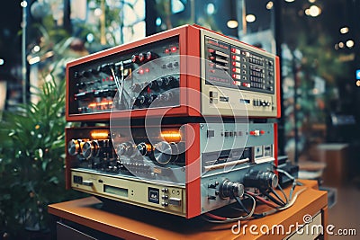 retro electronic device for industrial and scientific research and measurements, a close-up object in interior of expocenter Stock Photo
