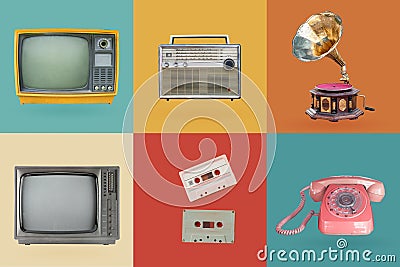 Retro electronics set. Nostalgic collectibles from the past 1980s - 1990s. Stock Photo