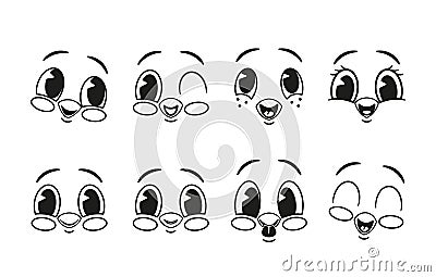 Retro Emoji Black and White Set. Charming Collection Of Classic Emoticons. Cartoon Adorable Characters Wink Eyes Vector Illustration