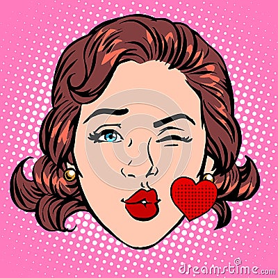 Retro Emoji love kiss heart woman face Vector Illustration