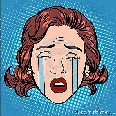 Retro Emoji tears crying sorrow woman face Vector Illustration