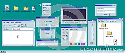 Retro empty window. Old windows 95 system interface, vintage computer application frame template pc software message Vector Illustration