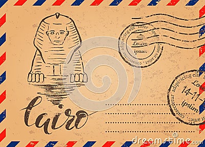 Retro envelope with stamps, Cairo label with hand drawn Sphinx, lettering Cairo Vector Illustration