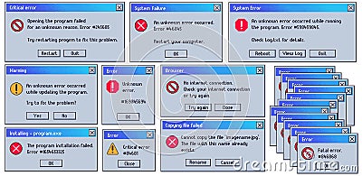 Retro error message. Old user interface system failure window, fatal and critical errors messages. Damaged computer Vector Illustration