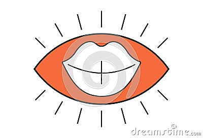 Retro eye with white lipstick female smiling mouth. Psychedelic groovy hippie style bizarre design. Vintage hippy crazy Vector Illustration