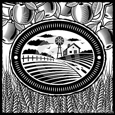 Retro farm black and white Vector Illustration