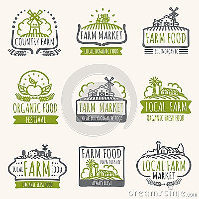 Retro farm market signs. Vintage fresh organic food vector labels with harvest field Vector Illustration