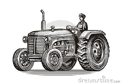 Retro farm tractor, sketch. Vintage vector illustration Vector Illustration