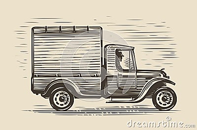 Retro farm truck sketch. Farming vintage vector illustration Vector Illustration