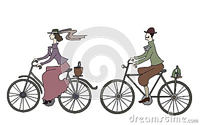 Retro fashion dressed man and woman riding bicycles Vector Illustration